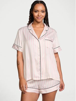Pijama Corta de Satín Esmaltada Pink Iconic Stripes